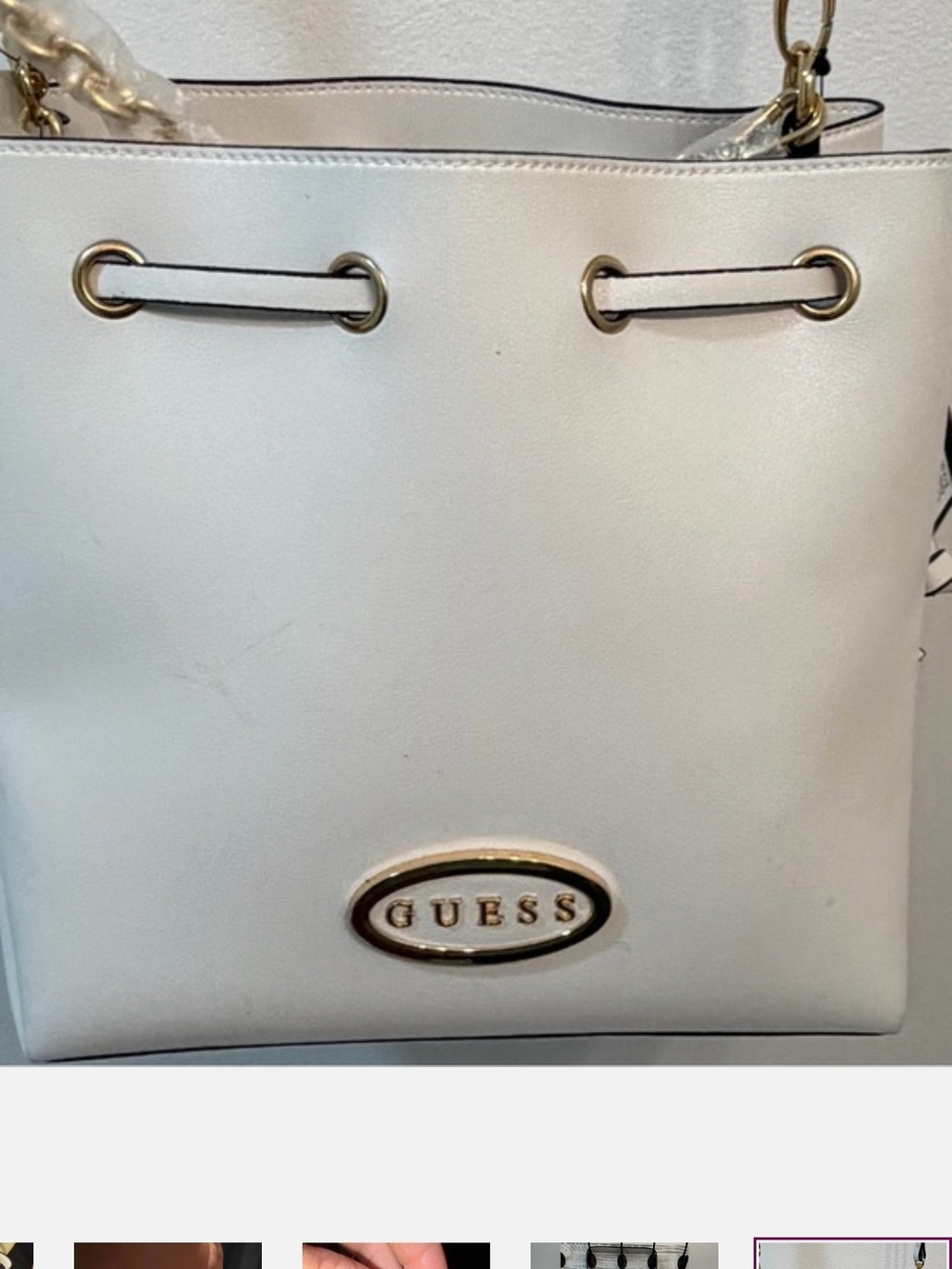 GUESS Cream Leather Drawstring Bucket Shoulder Bag with Gold Chain - Picture 5 of 5